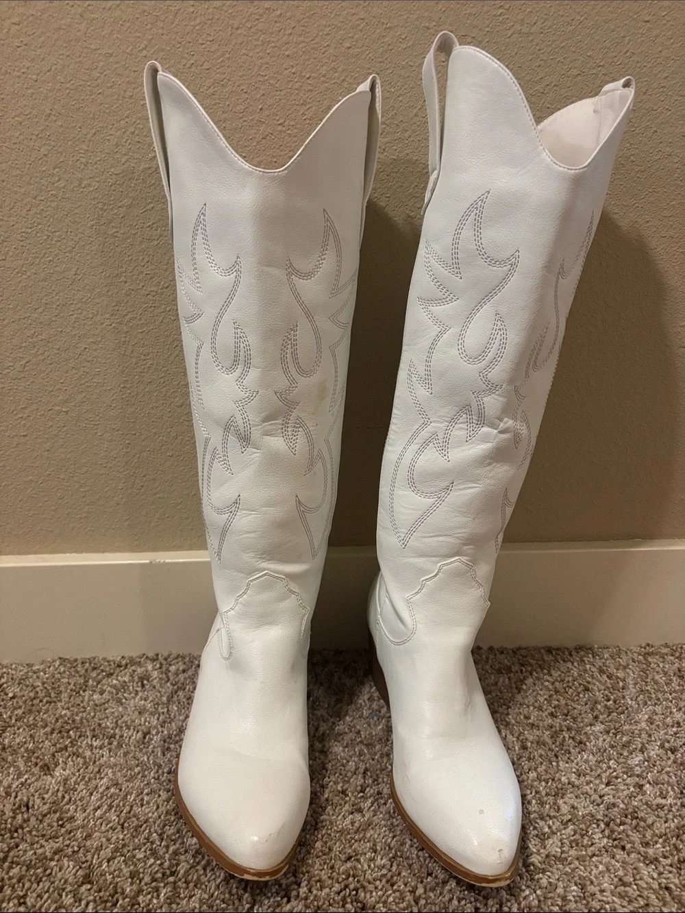 Women's White Embroidered Knee-High Cowboy Boots